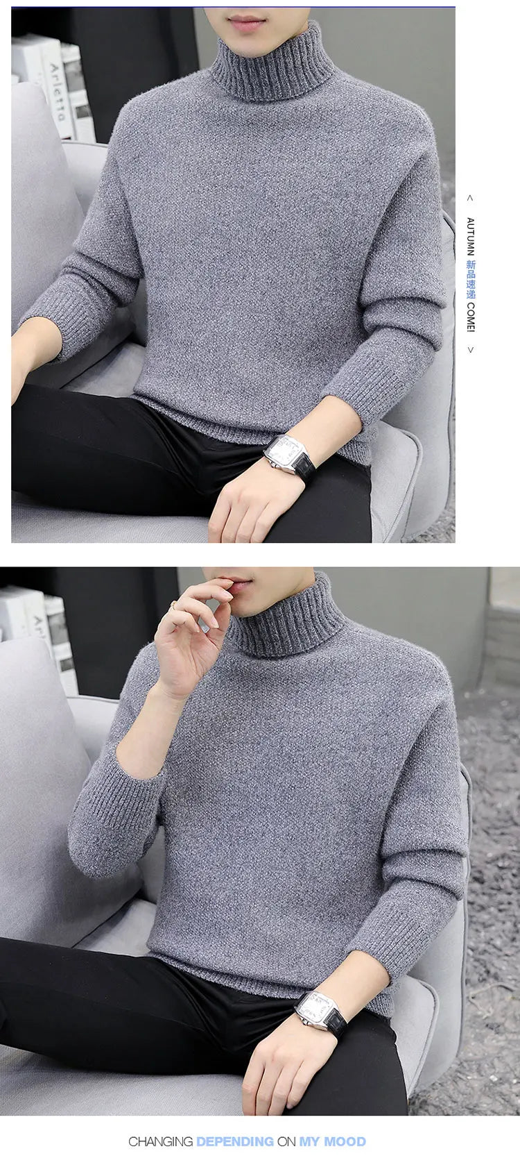 2024 Men Brand High Neck Knitted Pullover New Arrivals Male Fashion Streetwear Casual Slim Solid Color Turtleneck Sweater Male