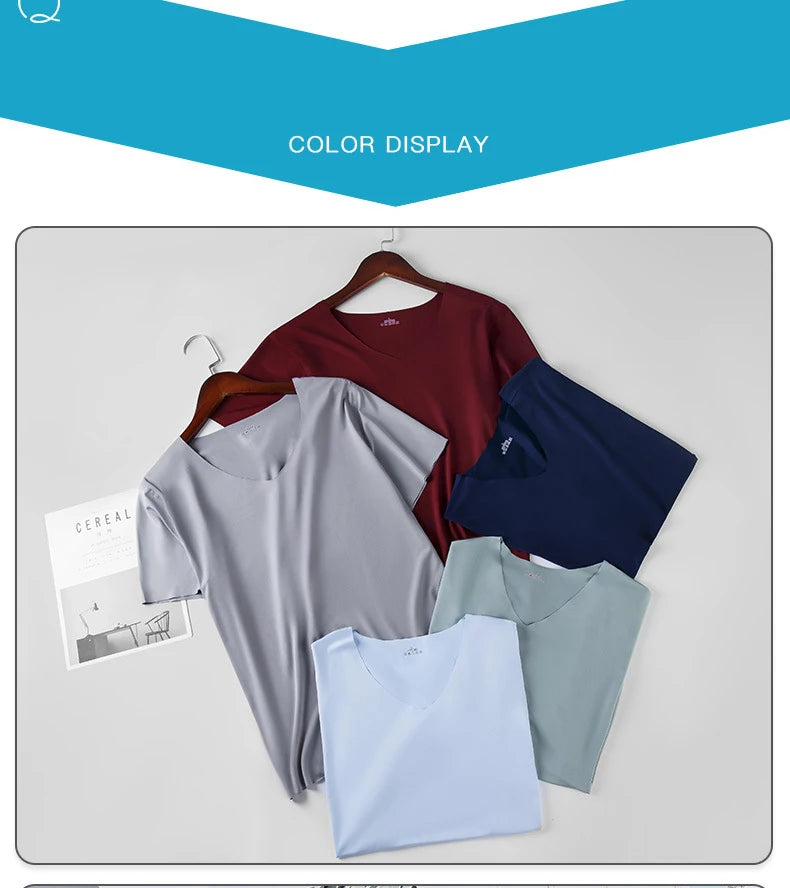 Summer Men T-shirts Ice Silk T Shirt For Men Seamless Casual V-neck Short Sleeve Shirt Tee Tops Men's clothing Blouse Streetwear