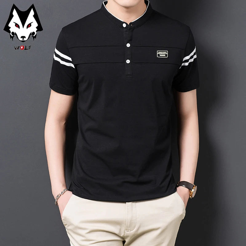 Men's Fashion Summer POLO T-shirt Casual Cotton Breathable Top Stand Up Neck Short Sleeve Korean Comfortable T-shirt