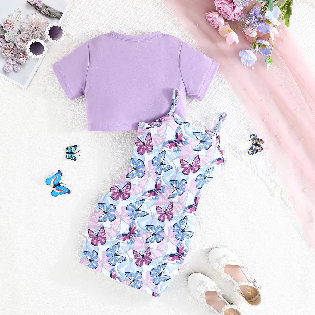 Clothing Set For Kid Girl 2-7 Years old Short Sleeve Top Cartoon Butterfly Print Suspenders Skirt Princess Dresses For Baby Girl