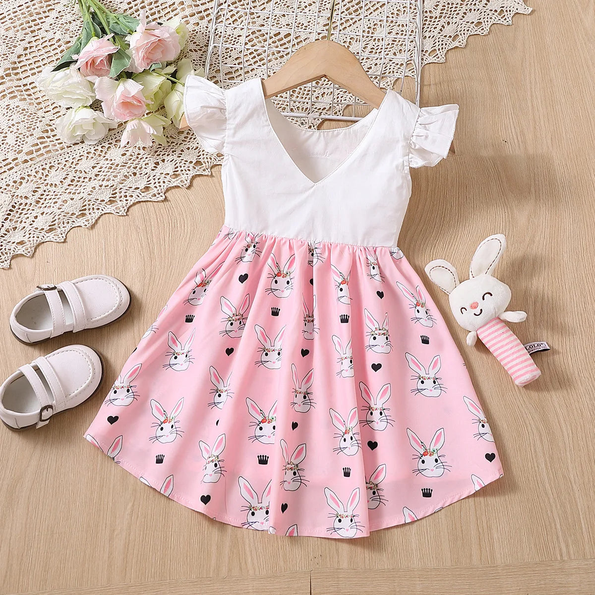 Summer Girls Cartoon Butterfly Sleeve Sleeveless Cute Rabbit Pattern Dress Little Girl Easter Skirt Suitable For Holiday Parties