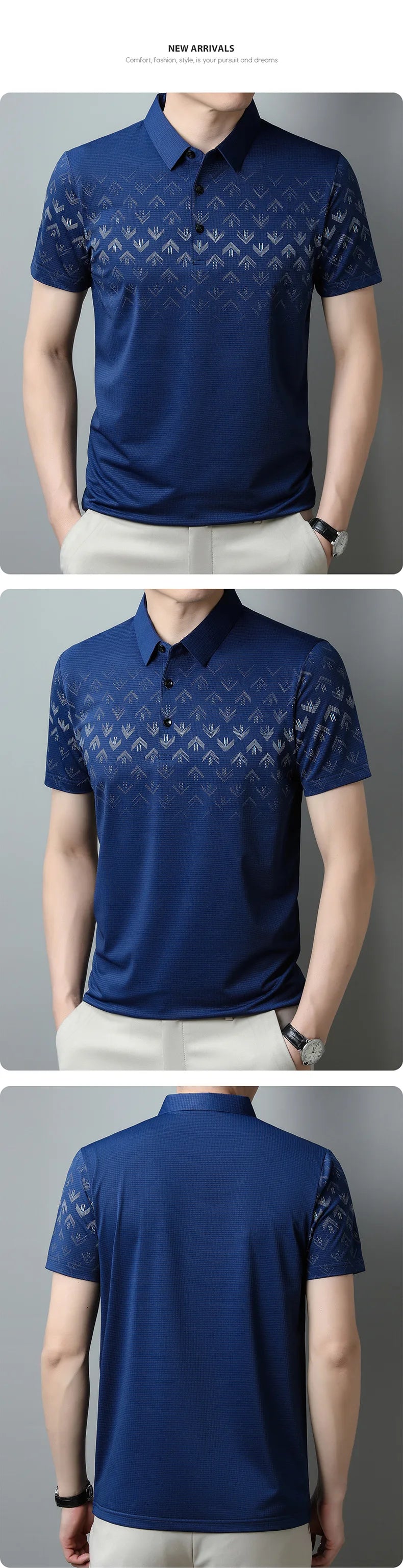 2023 New Ice Silk T-shirt Short Sleeve Men's Polo Shirt Business Casual Printed Lapel Men's Quick-drying Top