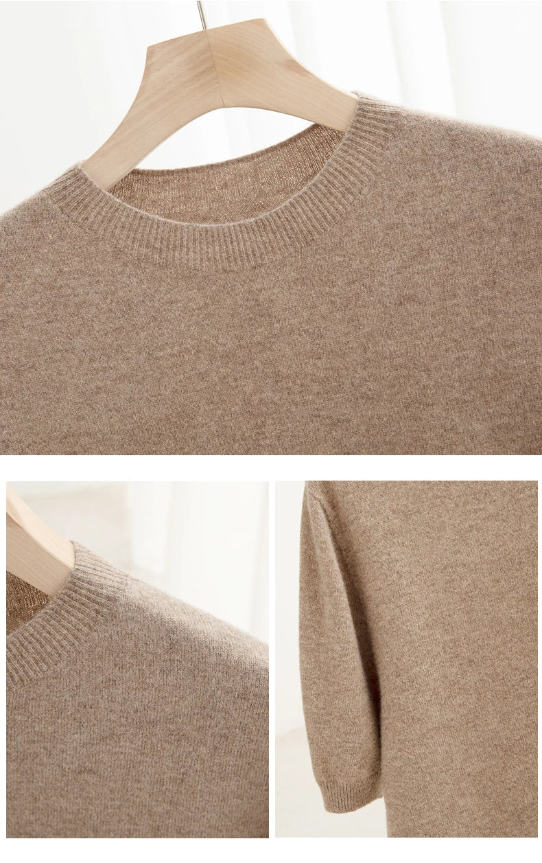 Spring Summer Men's Short Sleeved Pure Wool T-Shirt Sweater O-neck Solid Color Loose Pullover Knitted Sweater Casual Top