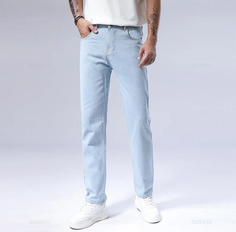 New Men's Jeans Autumn Pants Straight Fashion Light Blue Jean Casual Work Classic Denim Pant Cotton Trousers Male