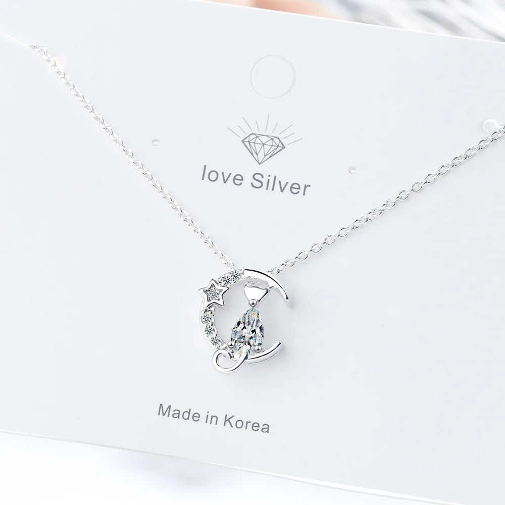 New in 925 Sterling Silver Cat Moon Zircon Women Necklace Wedding Luxury Designer Jewelry  Offers GaaBou Jewellery