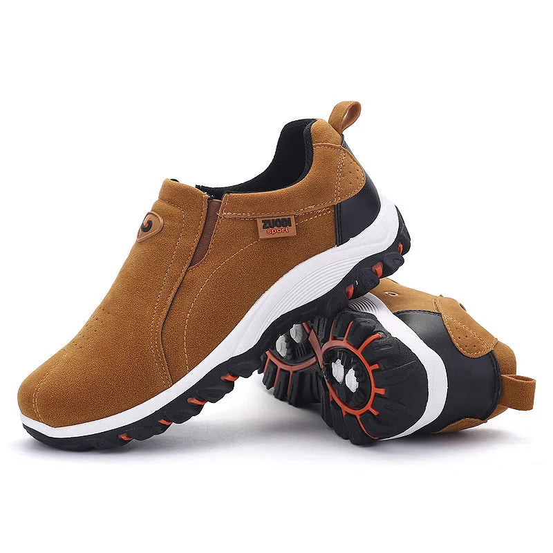 New Men Slip on Hiking Shoes PU Leather Climbing Footwear Male Outdoor Light Soft Rubber Sole Jogging Trekking Walking Sneakers