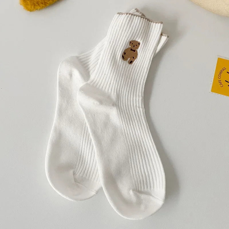 1/5pairs Cartoon Bear Socks Soft Cotton Socks Autumn Coffee Stockings Kawaii Women Socks Korean Casual Stockings Women Hosiery