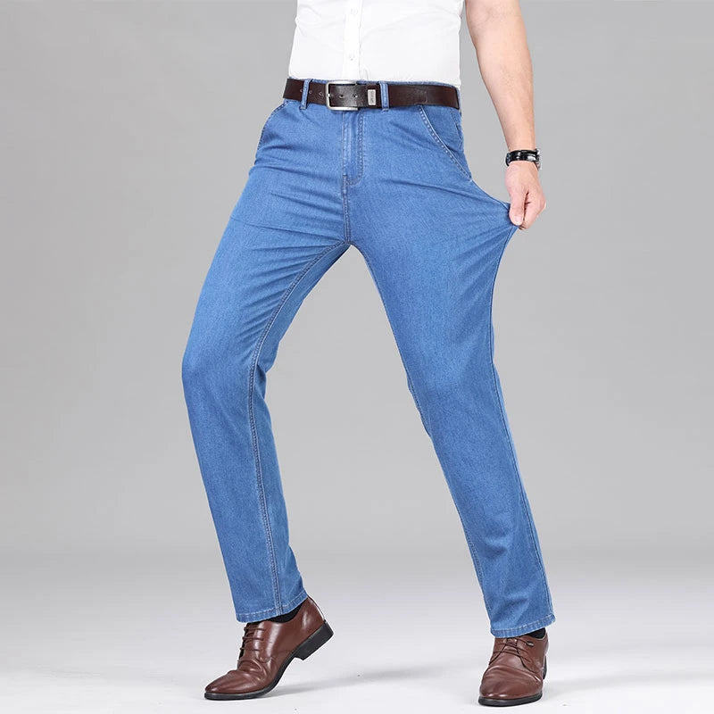 New Lyocell Fabric Jeans Men Summer Thin Business Straight Leg Loose Trousers Men's Casual Long Pants Large Size