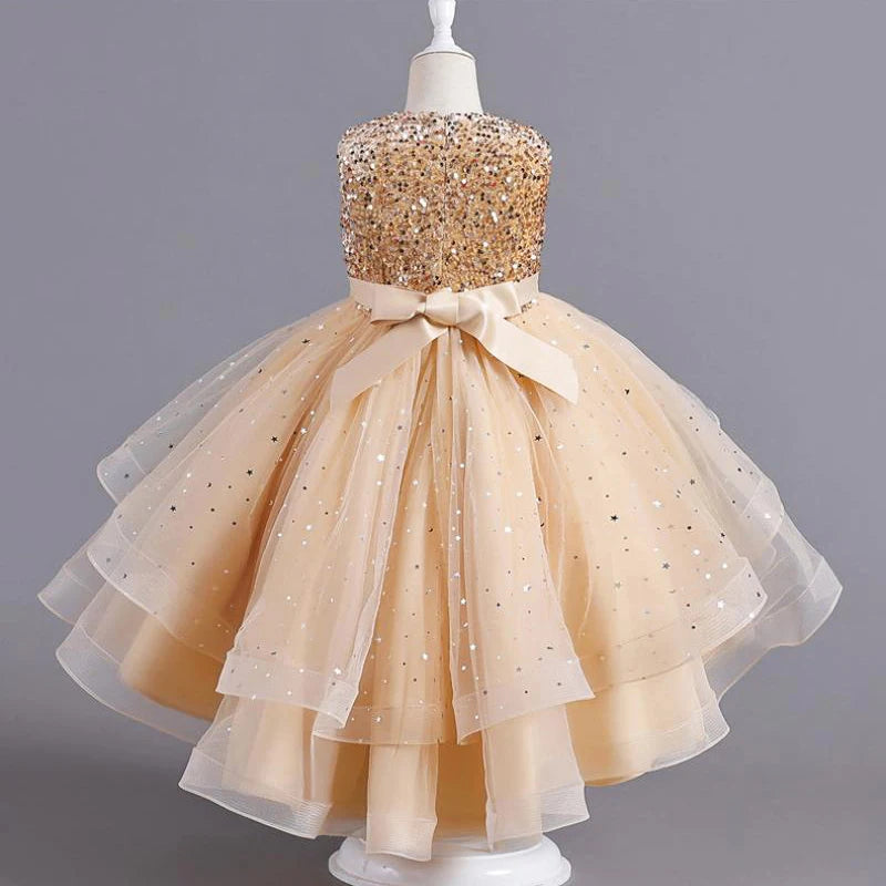 Flower Girls Princess Sequins Baby Wedding Christmas Party Trailing Dress Teenager Children Kids Elegant Vestidos for 3-15Years