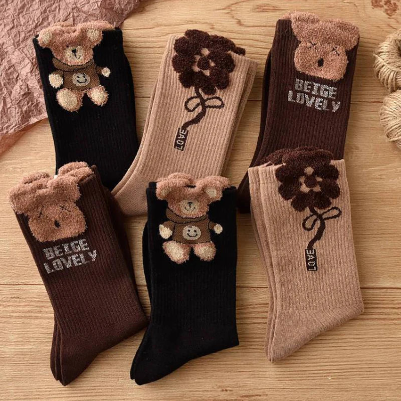 1Pairs Brown Retro Cotton Socks Bear Sock Girls Comfortable Middle Tube Sock Autumn Winter Soft Kawaii Socks For Women