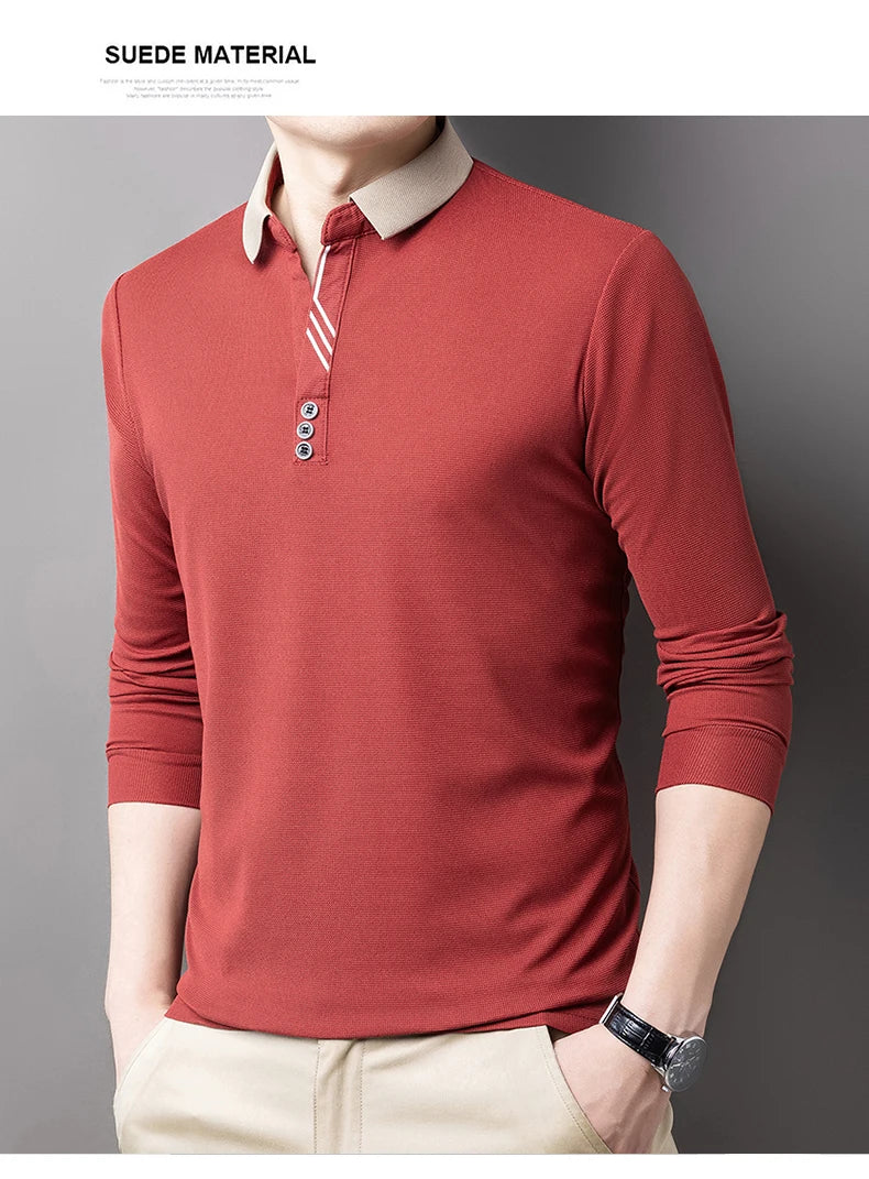 New Men's Casual Stripe Plaid Long Sleeve Polo Shirt Fashion Solid Polo Top