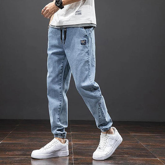 Large size elastic workwear jeans, men's ankle tied Harlan pants, wear-resistant and fat added, plus size trendy and loose