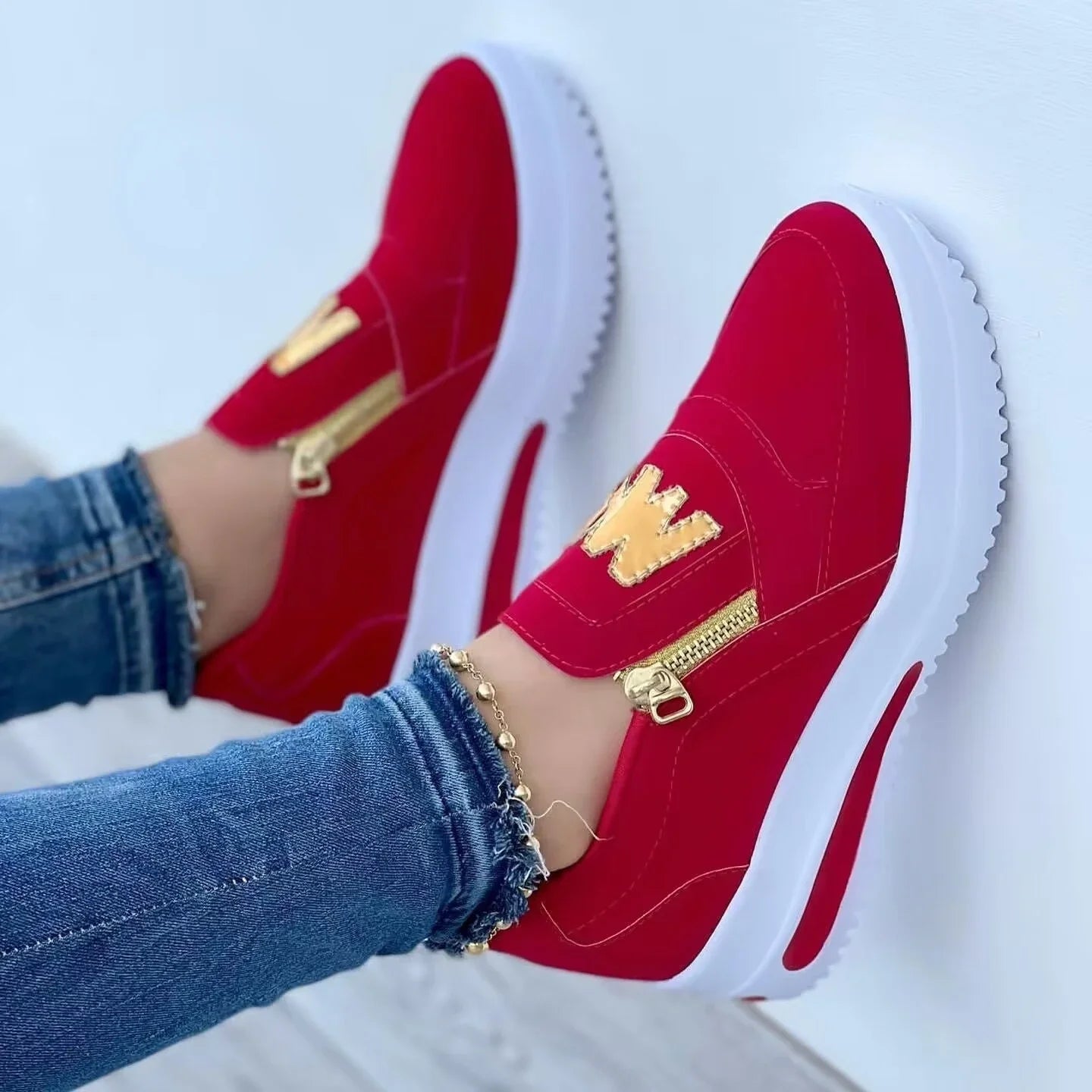 Women Autumn Sneakers Casual Double M Printed Side Zipper Platform Shoes Ladies Vulcanized Shoes Zapatillas De Mujer Women Shoes