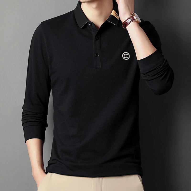 New Men's Casual Embroidery Long Sleeve Polo Shirt Fashion Solid Color Top