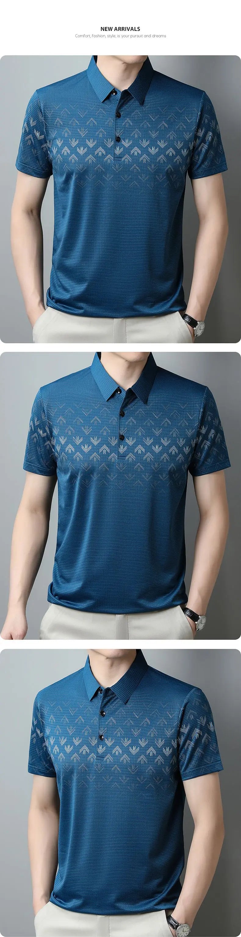 2023 New Ice Silk T-shirt Short Sleeve Men's Polo Shirt Business Casual Printed Lapel Men's Quick-drying Top