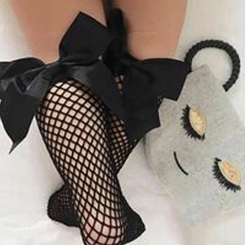 Summer Thin Baby Girls Kids Mesh Socks 2023 New Bow Fishnet Knee High Long Socks Net Vintage Black White Short Ankle Stockings