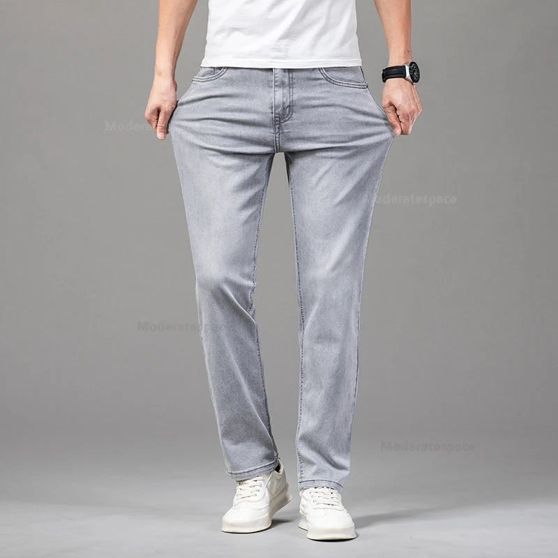 Summer Thin Men's Cotton Jeans New Fashion Gray Elastic Straight Business Casual Pants Comfortable Brand Trousers