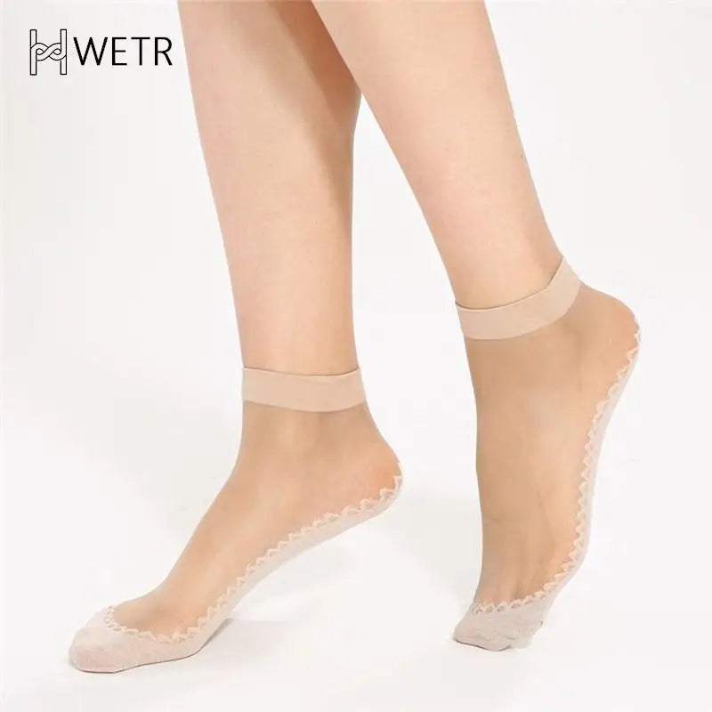 5 Pairs/ Lot Spring Summer Women Soft Socks Casual Non-Slip Bottom Splice Fashion Transparent Ladies Girls Thin Silk Sock