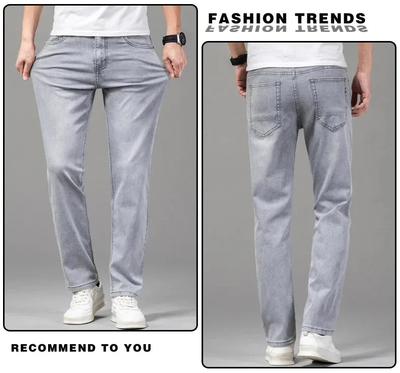 Summer Thin Men's Cotton Jeans New Fashion Gray Elastic Straight Business Casual Pants Comfortable Brand Trousers