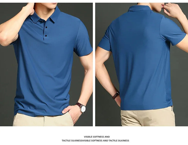 Summer T-shirt Short Sleeve Stretch Ice Silk Polo Shirt Men Business Casual Lapels Slim-Fitting Seamless Mercerized Thin Top Men