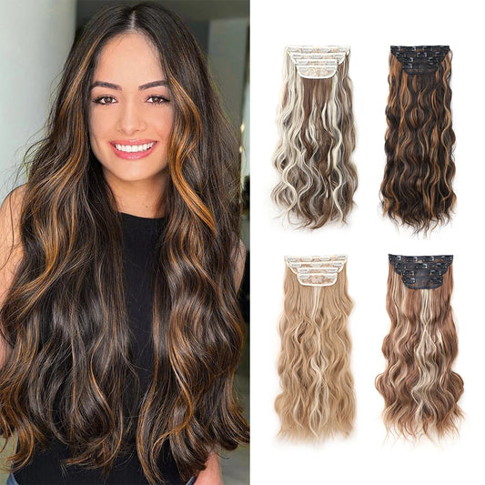 Body Wave Hairstyle Synthetic Hair Extensions 4pcs/set Head   Wigs Clip Clips Hair Extensions For Women Girls