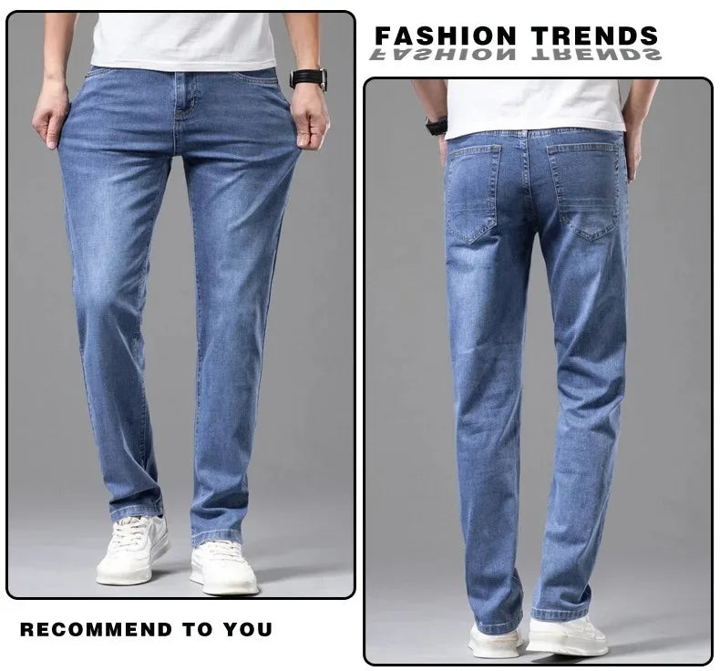 Summer Thin Men's Cotton Jeans New Fashion Gray Elastic Straight Business Casual Pants Comfortable Brand Trousers