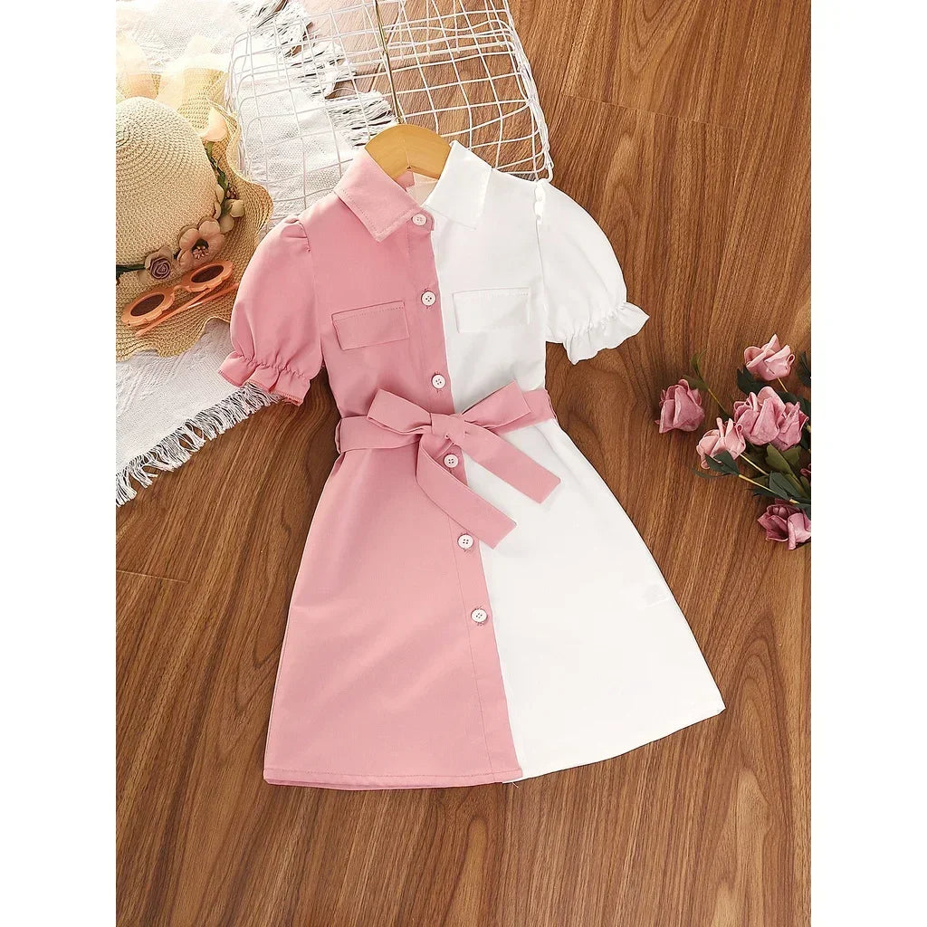 Dress For Kids 4-7 Years old Fashion Short Sleeve Princess Formal Button Stitching Dresses with Belt Ootd For Baby Girl