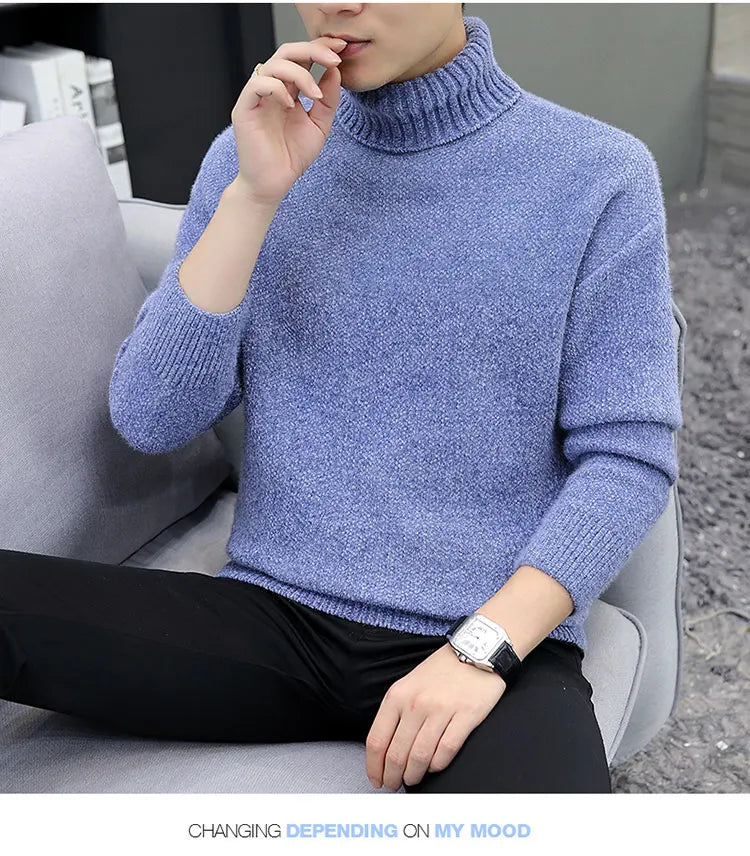 2024 Men Brand High Neck Knitted Pullover New Arrivals Male Fashion Streetwear Casual Slim Solid Color Turtleneck Sweater Male