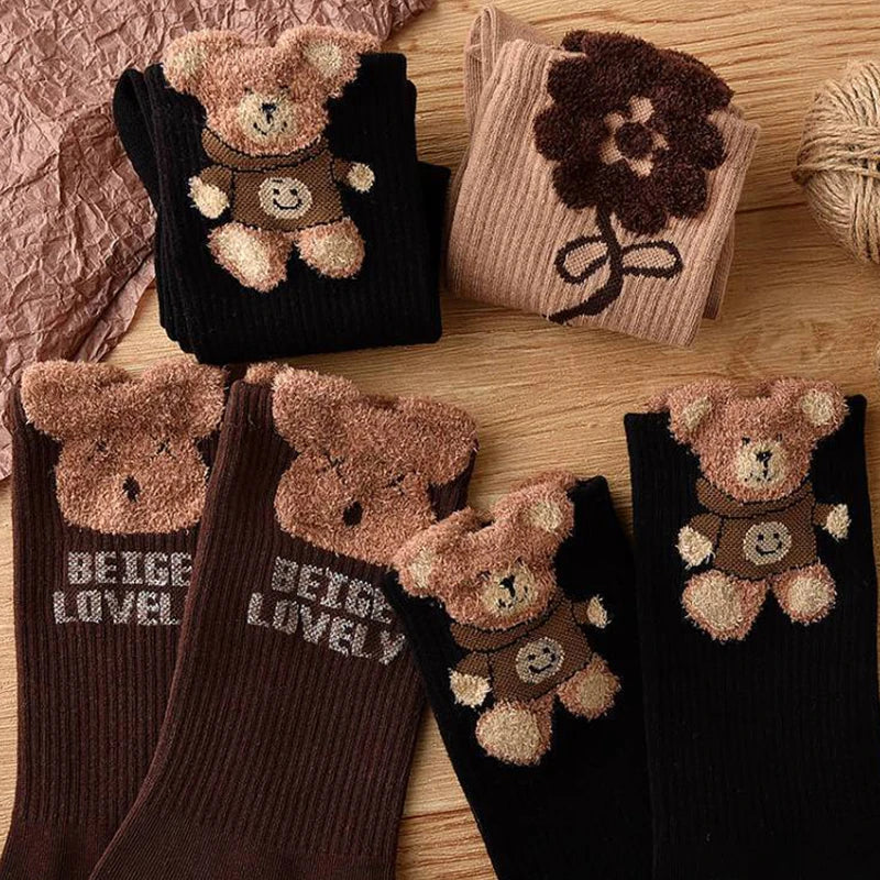 1Pairs Brown Retro Cotton Socks Bear Sock Girls Comfortable Middle Tube Sock Autumn Winter Soft Kawaii Socks For Women