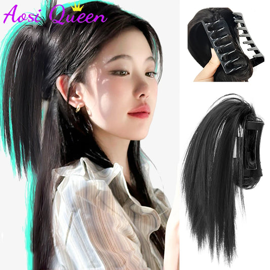 AOSI Synthetic Ponytail Wig Female Long Hair Waterfall Half Stuck High Horsetail Heightened Cranial Top Grasping Clip Wig