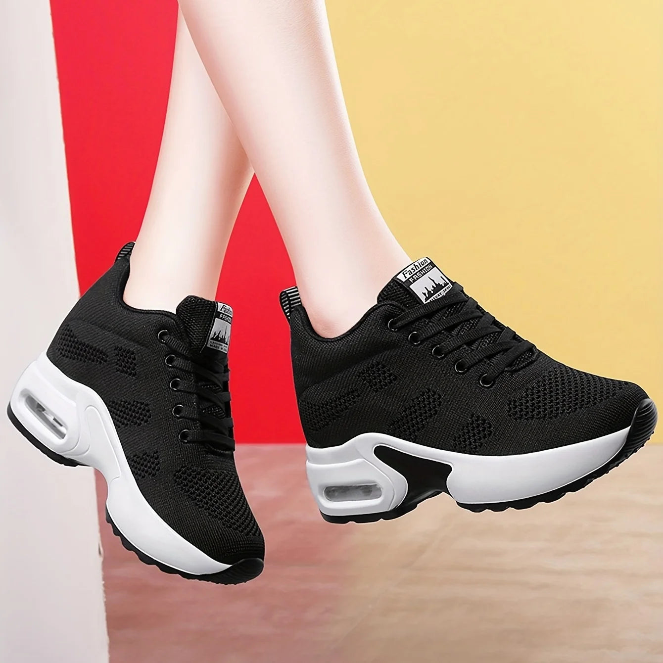 Women Knit Lace Up Platform Shoes Air Cushion Sneakers 8 cm Height Wedge Sneakers Red Casual Shoes Zapatillas Mujer 1912 v