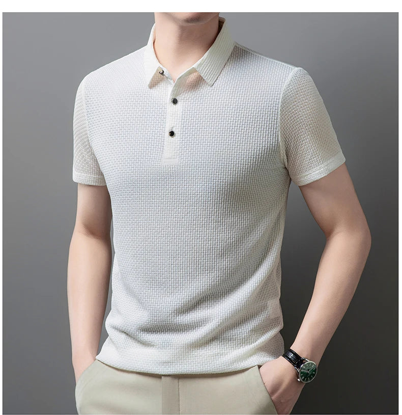 No Trace Of Ice Silk Polo Shirt Lapel Slim Business Casual Short-Sleeved T-Shirt Solid Color Buttons Summer Men's Clothing