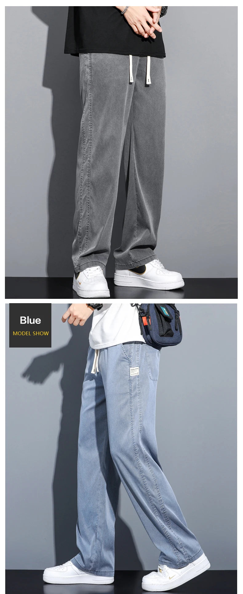 S-5XL 6Style,Men's Loose Jeans Summer Soft Lyocell Thin Fabric Straight Pants Drawstring Elastic Waist Korea Casual Trousers,Y2K