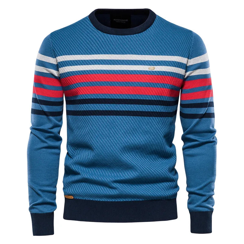 Men's Pullover Round Neck Stripe Color Blocking High-quality Warm Sweater Style Sweater Fashion Casual Stripe Men's Sweater