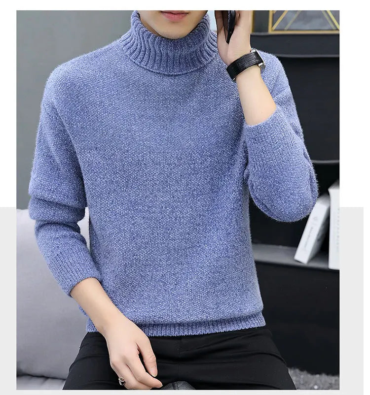 2024 Men Brand High Neck Knitted Pullover New Arrivals Male Fashion Streetwear Casual Slim Solid Color Turtleneck Sweater Male