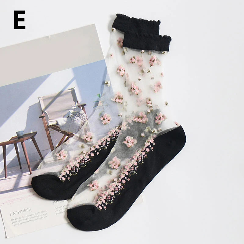 1 Pair Summer Breathable Ultra Thin Socks Women Transparent Lace Silk Crystal Rose Flower Girls Elastic Short Socks Female Sox