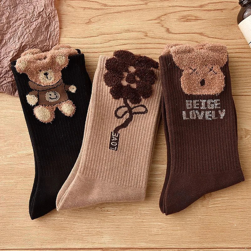 1Pairs Brown Retro Cotton Socks Bear Sock Girls Comfortable Middle Tube Sock Autumn Winter Soft Kawaii Socks For Women