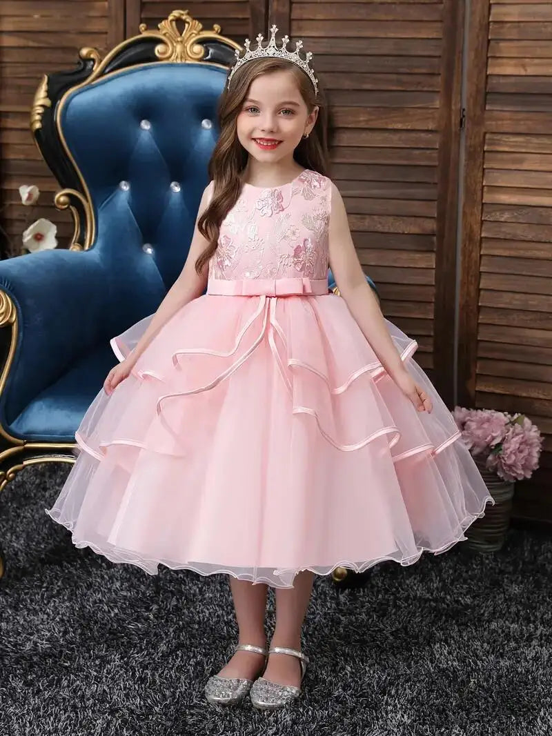 Girls Princess Dress Sleeveless Flower Embroidery Tutu Dress Performance Dress Wedding Flower Girls For Evening Birthday #5810