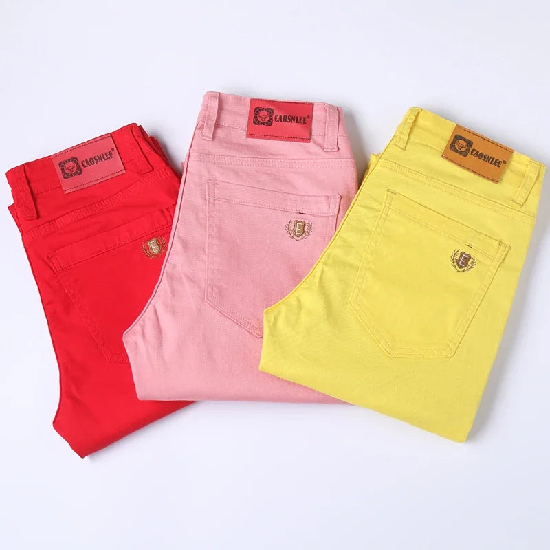 Men's Colorful Denim Stretch Stretch Jeans New Elastic Yellow Pink Red Slim Male Clothing Simple Business Denim Trousers