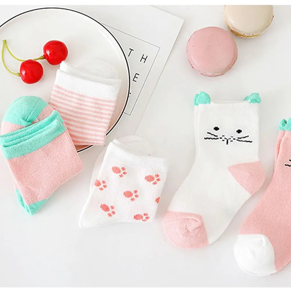 5 Pairs/Lot Cartoon Baby Socks Cute Cat Animal Cotton Newborn Children's Socks Girl Kids Boy Soft Knit Toddler Sleeping Socks