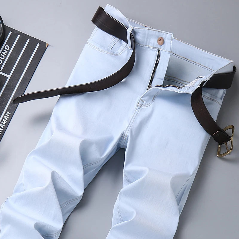 2023 Autumn New Men's Sky Blue Slim Stretch Jeans Classic Style Fashion Casual Denim Pants Male Brand Trousers