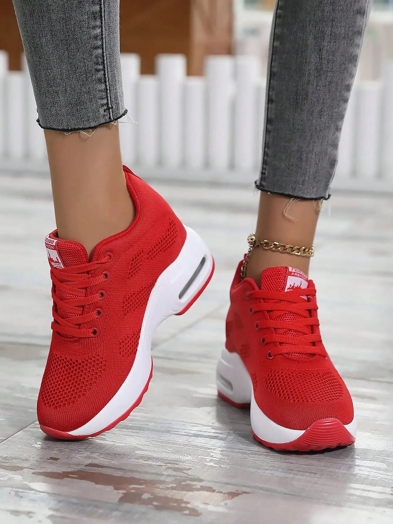 Women Knit Lace Up Platform Shoes Air Cushion Sneakers 8 cm Height Wedge Sneakers Red Casual Shoes Zapatillas Mujer 1912 v