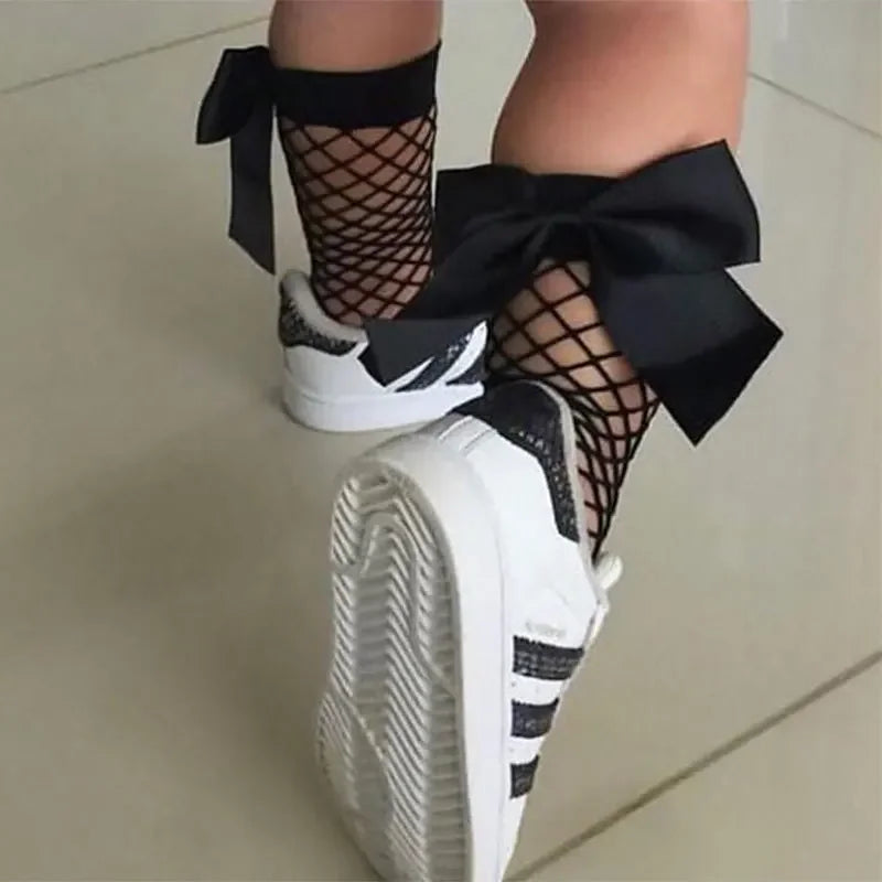 Summer Thin Baby Girls Kids Mesh Socks 2023 New Bow Fishnet Knee High Long Socks Net Vintage Black White Short Ankle Stockings