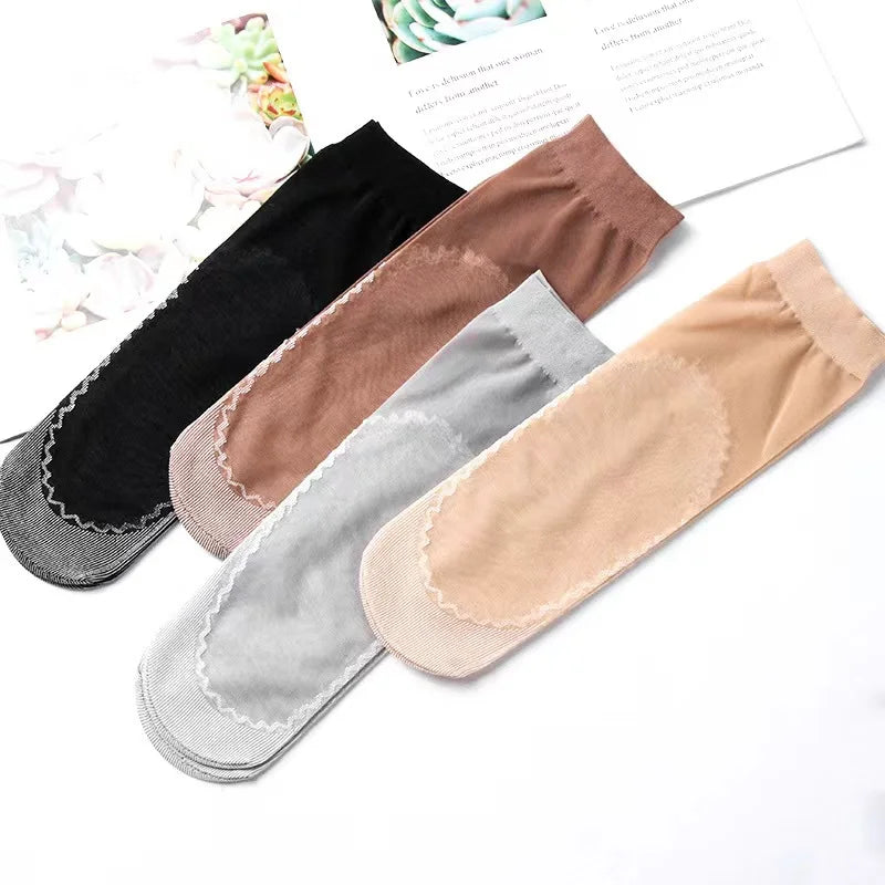 20Pcs=10Pais Summer Women Socks Non-Slip Sweat-Absorbing Cotton Soft Thin Breathable Fashion Sexy Silk Sock Ladies Transparent