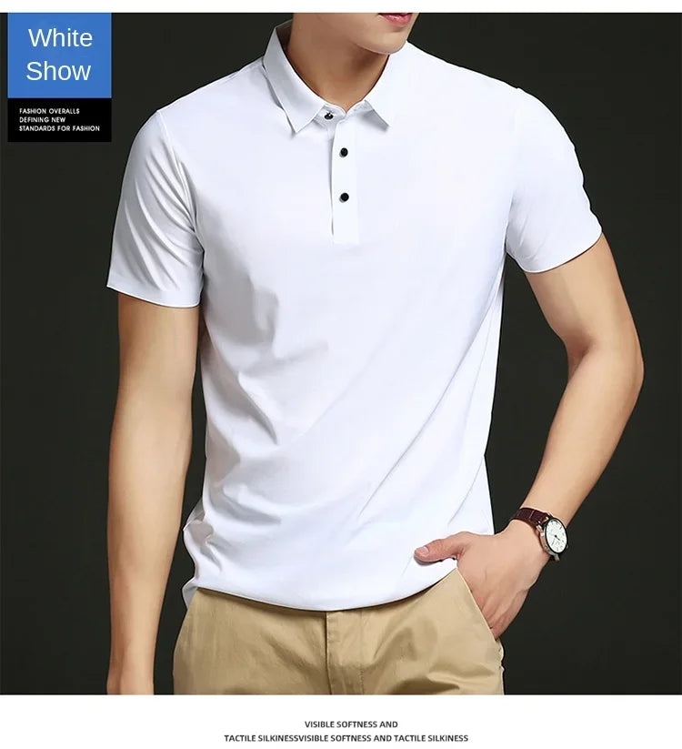 Summer T-shirt Short Sleeve Stretch Ice Silk Polo Shirt Men Business Casual Lapels Slim-Fitting Seamless Mercerized Thin Top Men