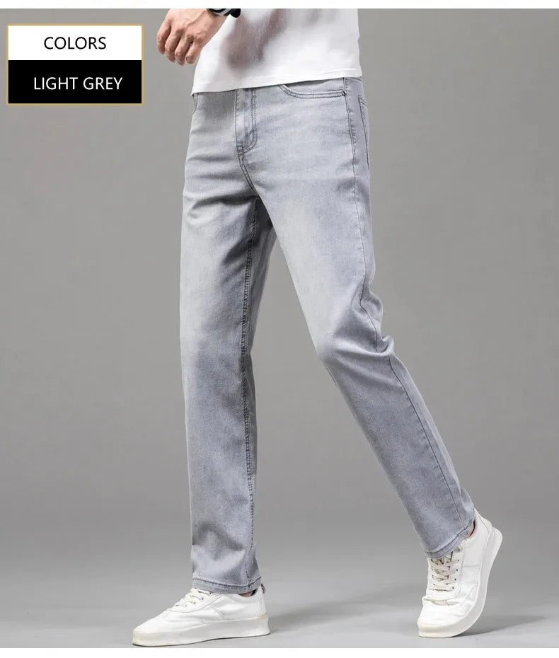 Summer Thin Men's Cotton Jeans New Fashion Gray Elastic Straight Business Casual Pants Comfortable Brand Trousers