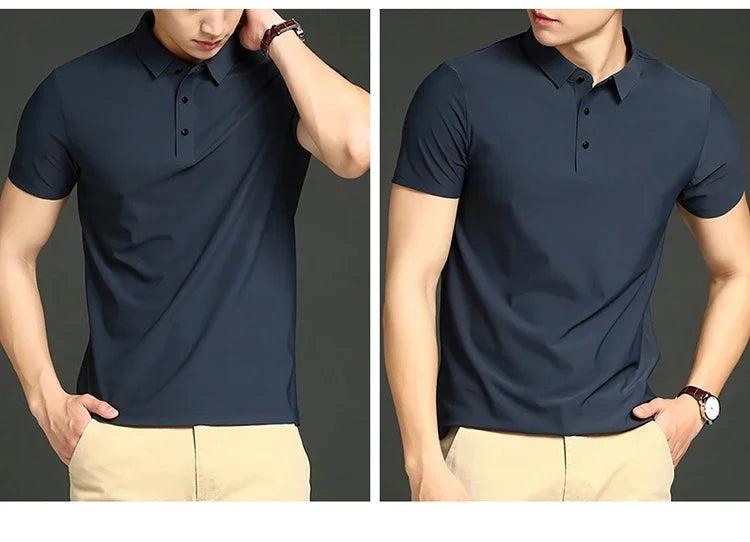 Summer T-shirt Short Sleeve Stretch Ice Silk Polo Shirt Men Business Casual Lapels Slim-Fitting Seamless Mercerized Thin Top Men