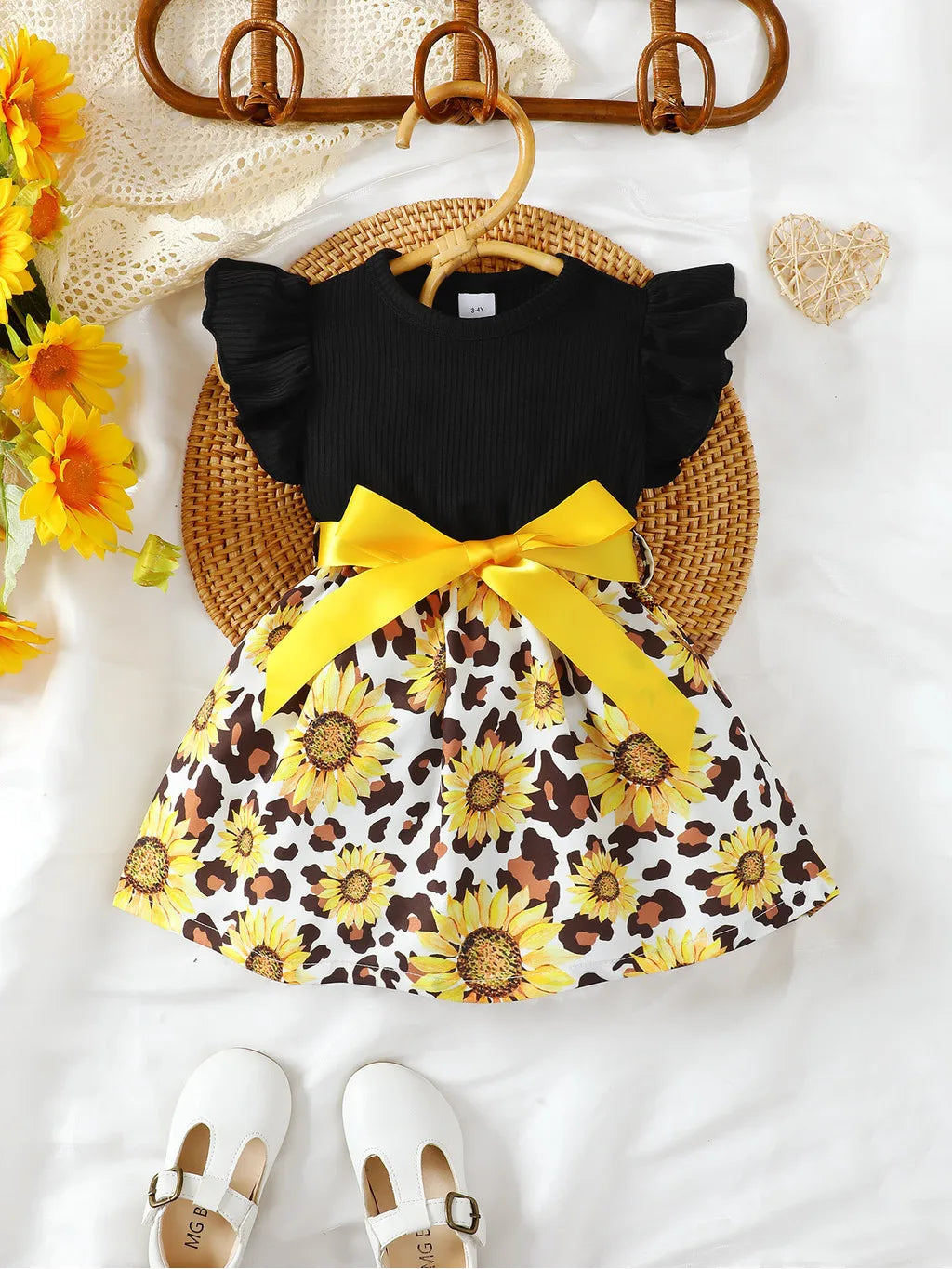 Summer Child Girl Fashion Dress Petal Sleeve Patchwork Sunflower Dress with Big Bow Birthday Party Costume for Kids 4-7 Years