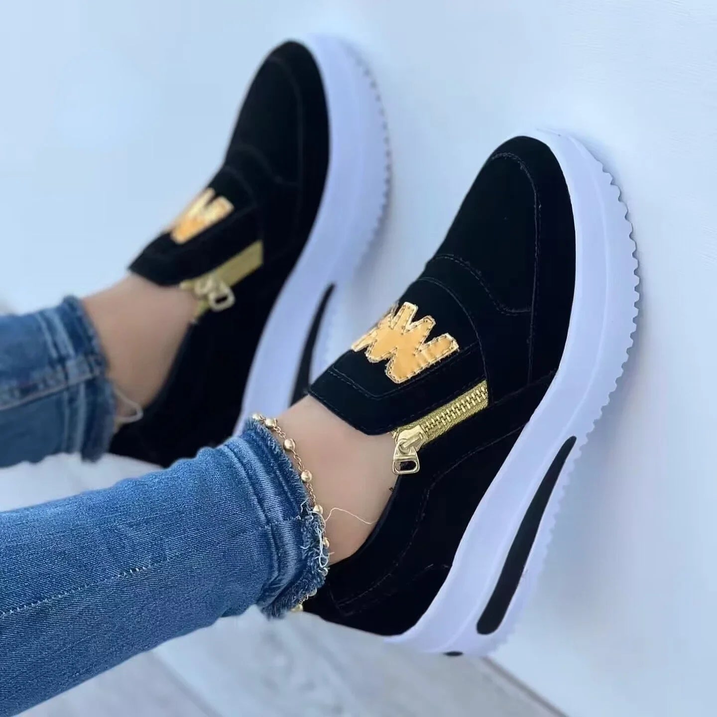 Women Autumn Sneakers Casual Double M Printed Side Zipper Platform Shoes Ladies Vulcanized Shoes Zapatillas De Mujer Women Shoes