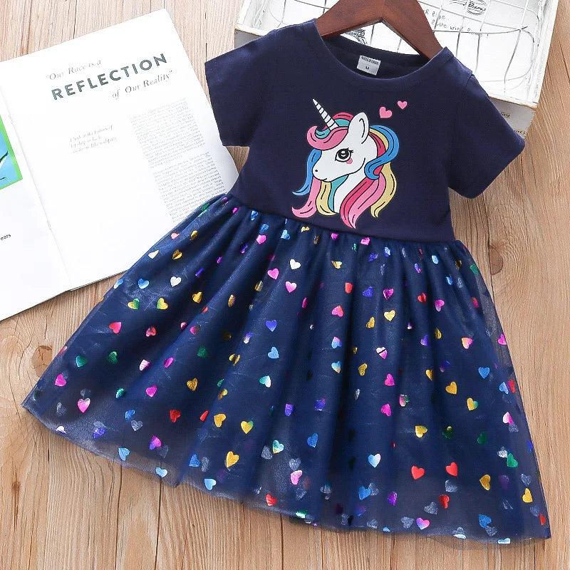 2023 Summer Girls Dress Cotton Cartoon Unicorn Splicing Mesh Party Princess Dresses For 2-6 Years Girls Birthday Clothes